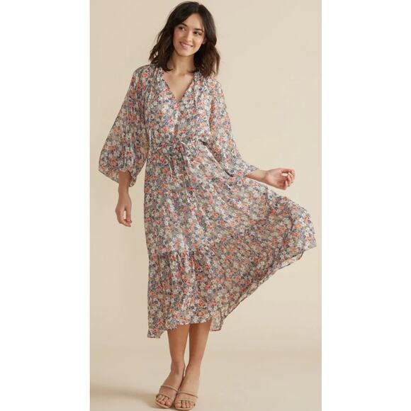 MINKPINK Arve Multicolor Floral Print Split Neckline Belted Midi Dress Womens XS - Picture 1 of 7